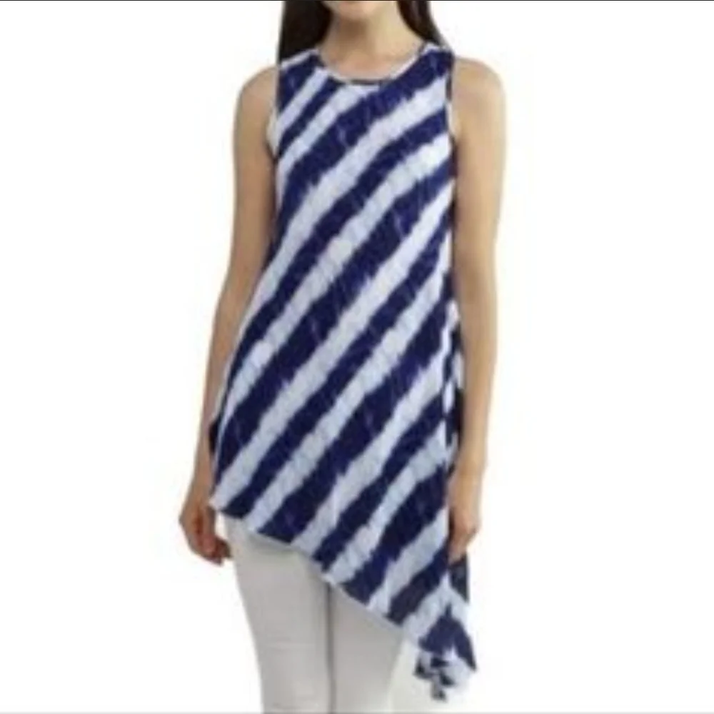 Soft Surroundings Sz M Asymmetric Hem Blue White Stripes Semi See Through Tunic